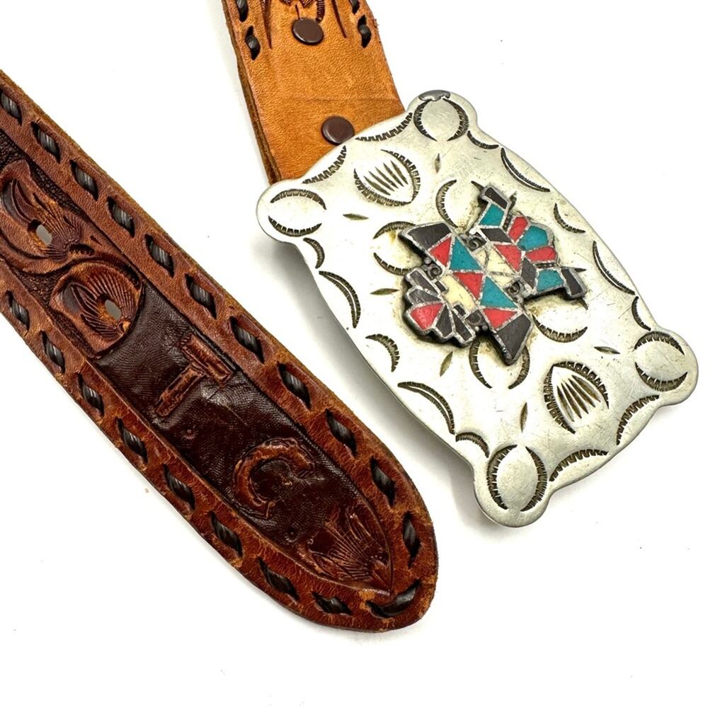VTG -FRONTIER BUCKLE Native American vintage 70s Zuni Multi-Inlay Knifewing belt - Picture 9 of 14